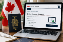 Canadian passport beside a laptop showing the online passport renewal system.